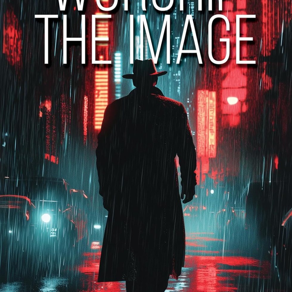 Cover of Worship The Image by Woodrow Bell. A man in hat and greatcoat walking away under the rain in a futuristic cityscape
