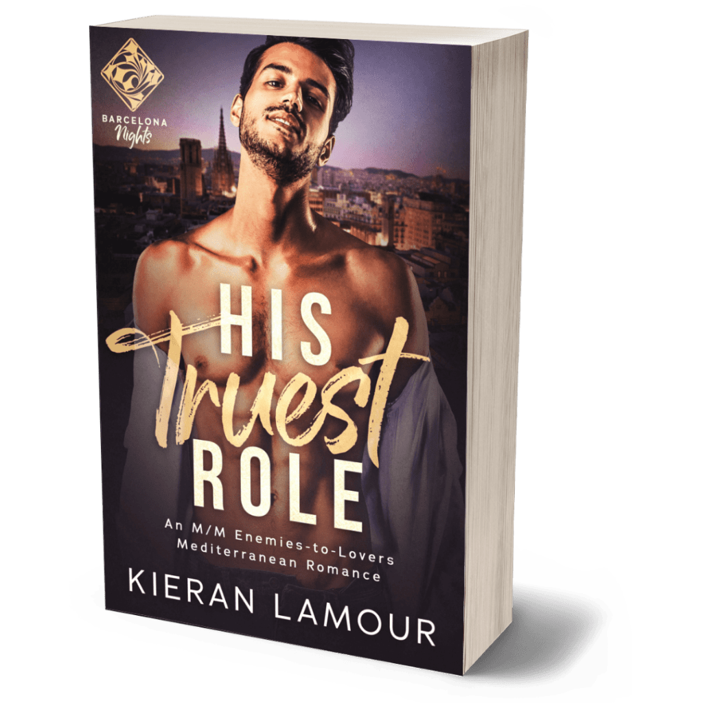Cover of His Truest Role by Kieran Lamour, showing a young shirtless Latin man smiling at the camera