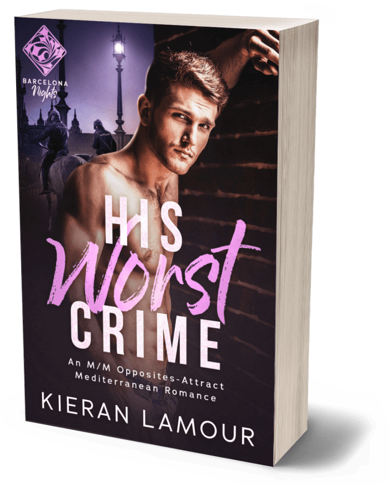 3D cover image of gay romance novel His Worst Crime showing a young blond man next to a brick wall with mounted police and Barcelona in the background.